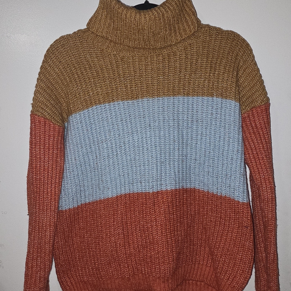Cozy Colorblock Turtleneck Sweater - Tan, Light Blue & Rust